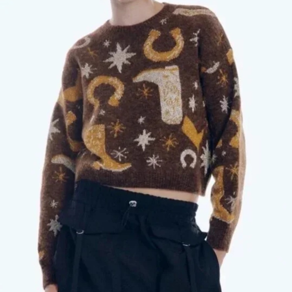 Zara Knit Glitter and Gold Brown Cowboy Horseshoe Stars Sweater